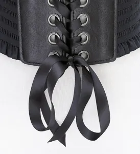 Women black wide corset belt lace up waist cincher fashion PU leather dress waistband