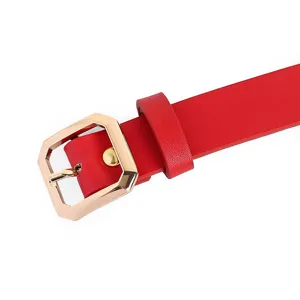 Red PU leather belt for women with elegant gold geometric buckle fashion accessory