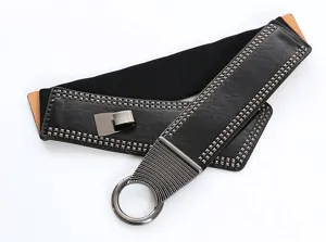 Damen Punk Stil Niete breiter elastischer Taillengürtel, schwarzer Dehngürtel mit Metallring.