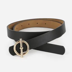 Minimalist women black PU leather belt with gold round metal buckle for casual daily wear