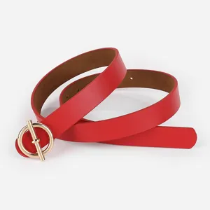 Red women pu leather belt with stylish round metal buckle for casual fashion daily wear.