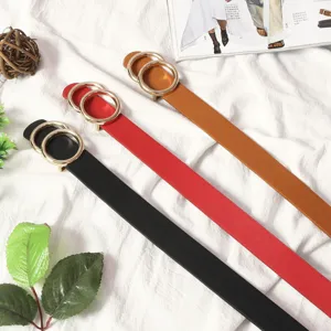 Women fashion thin belt with double round metal rings PU leather waist strap casual style