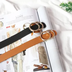 Minimalist double ring buckle slim leather belt for women stylish casual dress pants accessory