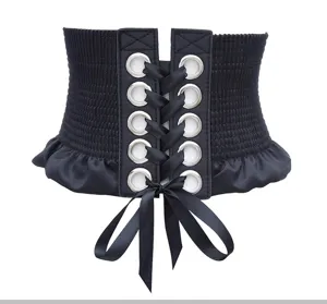 Cinturón corsé elástico ancho negro para mujer, cinturón con lazo y cordones para vestido.