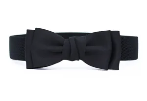 Detail view of a black elastic waist belt featuring a chic bowknot design, perfect for dresses.