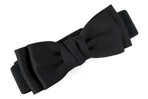 Black elastic bow waist belt detail close-up view showing fabric texture and bow shape.