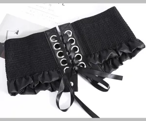 Cinturón corsé elástico ancho negro para mujer con volantes y lazo para vestido elegante