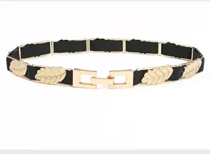 Gold leaf elastic waist belt for women, chic black stretch dress accessory for daily wear.