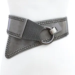 Damen Punk Stil Kunstleder Breiter Taillengürtel Metall Nieten Elastischer Korsett Gürtel Lässiges Modeaccessoire
