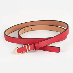 Women red thin dress belt with gold metal buckle elegant casual waist accessory daily wear
