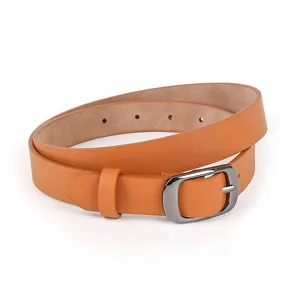 Classic brown leather belt for women, featuring a sleek metal buckle and simple design.
