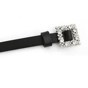 Women's black PU leather belt featuring a sparkling square rhinestone crystal buckle fashion.