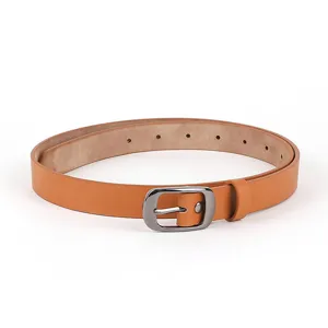 Close-up of a stylish brown leather belt with metal buckle, casual and versatile design.