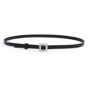Close-up detail of the elegant black PU leather thin belt featuring a sparkling crystal rhinestone square buckle for women's fashion.