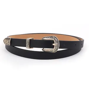Women's black PU leather belt with vintage metal carved buckle and tip detail for jeans