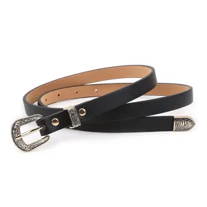 Vintage black PU leather women belt with retro metal buckle and tip for chic jeans wear.