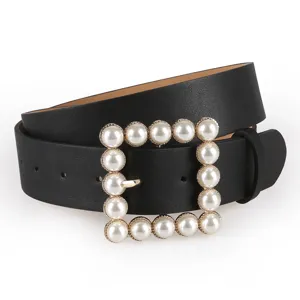 Ceinture Femme Cuir Noir Mode Boucle Carrée Perles Accessoire Taille Élégant Chic
