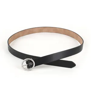 Classic minimalist black women belt with round silver buckle for casual jeans and daily wear.
