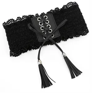 Schwarzer Spitzen-Korsettgürtel mit PU-Leder-Schnürung und eleganten Fransen für Damenkleider.