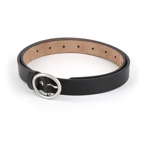 Black leather belt detail showing smooth finish, silver oval buckle, and neat stitching work.