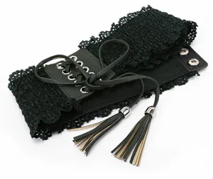 Damen dunkelgrüne spitzen korsett gürtel mit quasten elastische taillenmieder kleid.