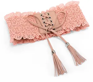 Rosa spitze elastischer korsettgürtel detail mit pu leder schnürung und quasten.