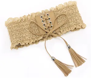 Beige spitze elastischer taillengürtel detail, korsettgürtel mit pu leder quasten.