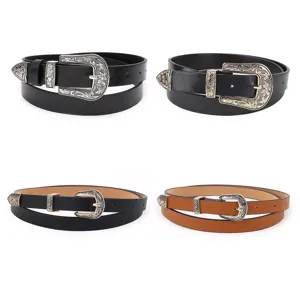Retro Women PU Leather Belt Carved Metal Alloy Buckle Casual Jeans Decorative Waist Belt Stylish Fashion Accessories