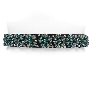 Elegant black elastic waist belt with dark green rhinestones and crystal beads for women.