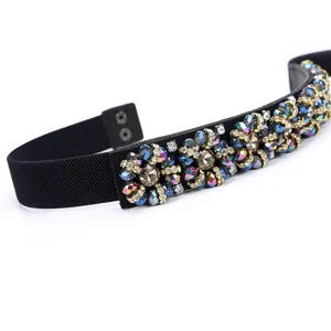 Women elastic waist belt with colorful rhinestones floral crystal stretch waistband stylish accessory