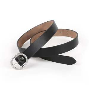 Classic black women leather belt with round metal buckle, stylish and versatile accessory.
