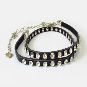 Women fashion rhinestone thin black leather waist belt adjustable chain chic body jewelry