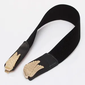 Ceinture élastique noire pour femme avec boucle d'aile en strass en métal accessoire.