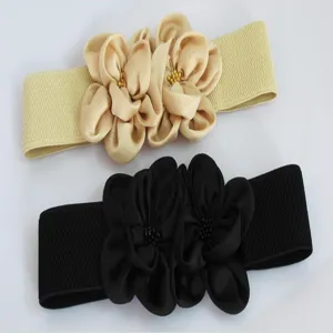 Fashion elastic waist belt with large chiffon flowers wide stretch waist cinch for dresses.