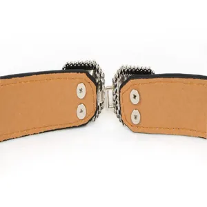 Vue detaillee du dos de la boucle de ceinture en strass, montrant les rivets et la doublure.