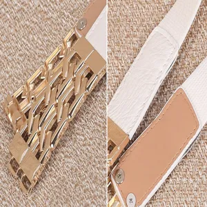 Detailed view of women's metal buckle elastic belt, white and gold waist accessory design.
