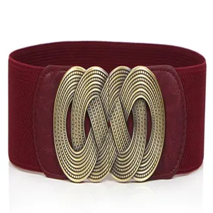 Wine red wide elastic belt for women with vintage metal buckle, stylish dress waist band.