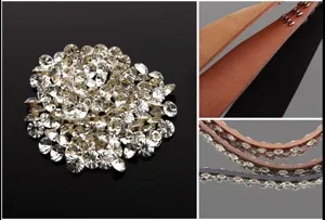 Vista dettagliata dei materiali per cintura in pelle da donna, strass e cinturini.