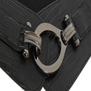 Close-up detail of women's black wide elastic belt with metallic ring buckle and texture.