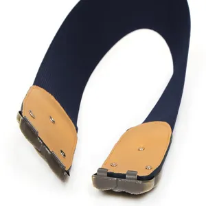 Women elastic wide waist belt detail shot, retro dark blue design with metal buckle.