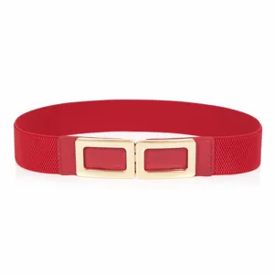 Women red elastic waist belt with gold double buckle retro fashion dress stretch cinch