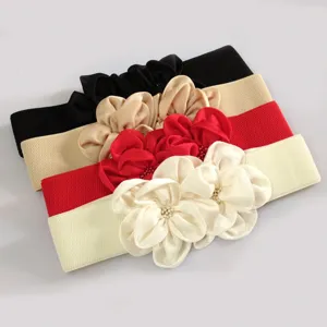 Women Fashion Wide Elastic Waist Belt Chiffon Large Flower Bow Cinch Belt Corset Dress Accessories Casual