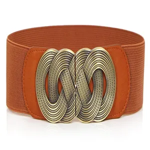 Women retro wide elastic waist belt with vintage bronze metal buckle for dresses and coats.