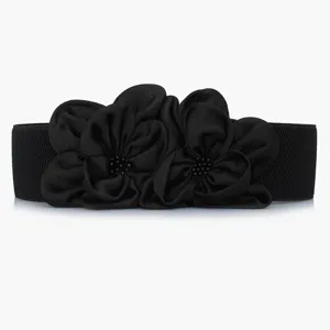 Black elastic waist belt with large chiffon flowers for dress accessory main view