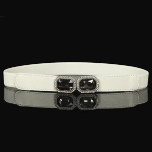 Ceinture Élastique de Mode pour Femmes Boucle Double Strass Bande Stretch Robe Ceinture Décorative Cuir Synthétique