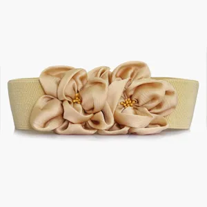 Beige elastic waist belt with large chiffon flowers fashion stretch wide waist band for dress