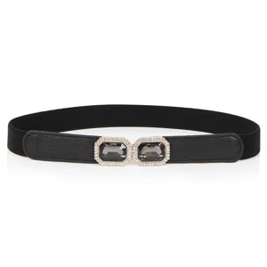Ceinture extensible mode femme avec boucle double strass scintillants, taille élastique noire.
