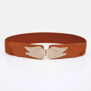 Ceinture élastique marron pour femme avec magnifique boucle de ceinture aile en métal or.