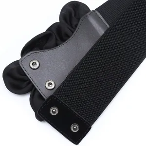 Black elastic wide waist belt with chiffon flower and leather snap button for dresses.