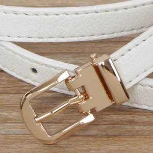 Stylish women's white thin leather belt with gold pin buckle, elegant daily accessory main view.